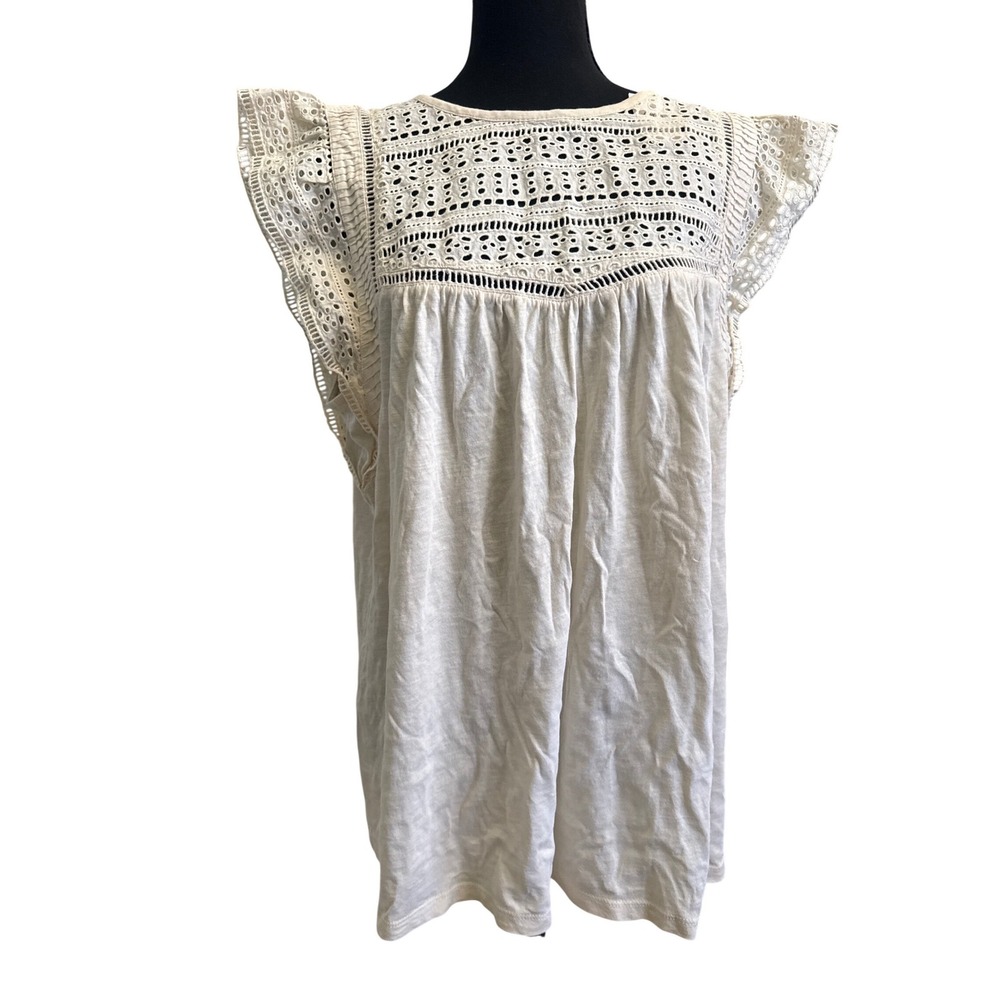 Loft Womens XL Cream Eyelet Flutter Sleeve Lace Yoke Blouse Top 33033068 NEW